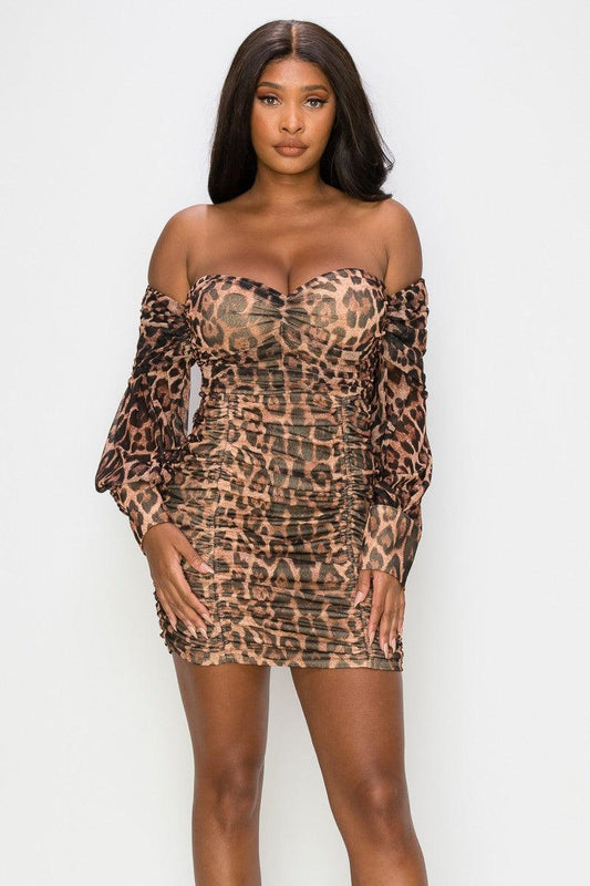 ruched off the shoulder leopard mini dress - RK Collections Boutique