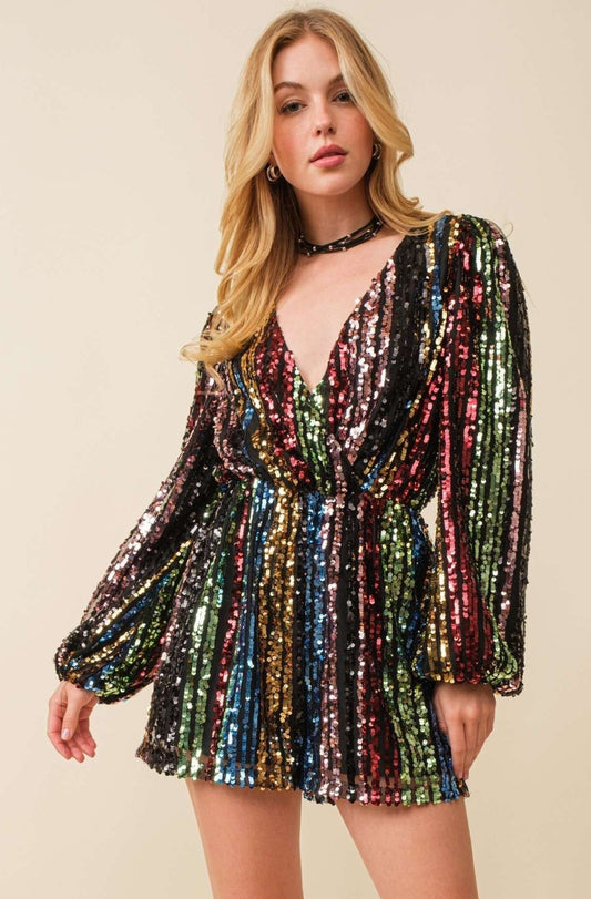 Multi Stripe Sequin Wrap Romper