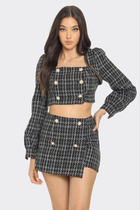 2pc set- tweed long sleeve crop top & skort