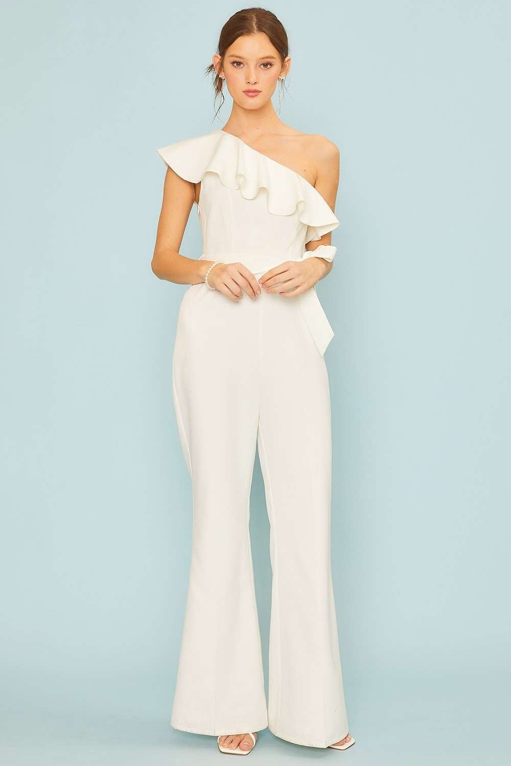 Ruffled One Shoulder Flare Jumpsuit