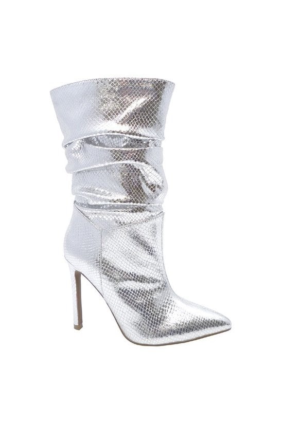 metallic snakeskin ruched stiletto bootie