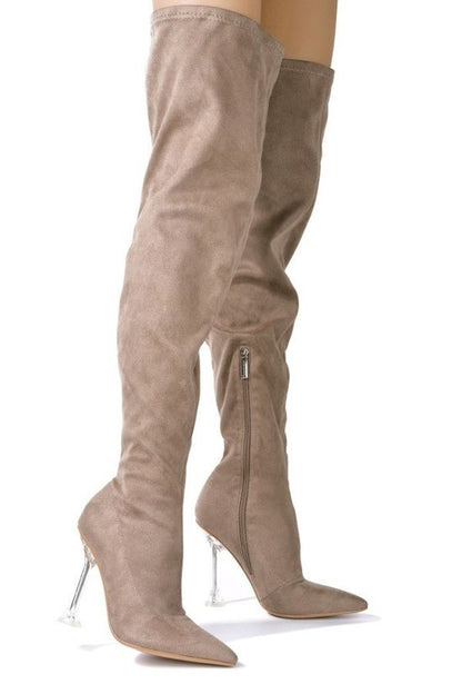 clear heel over the knee suede boot