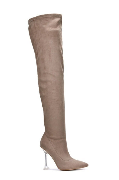 clear heel over the knee suede boot