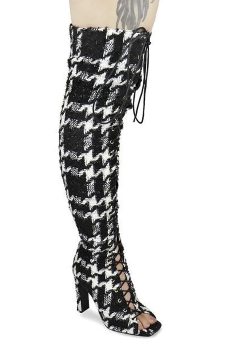 plaid tweed laces up peep toe stiletto boot