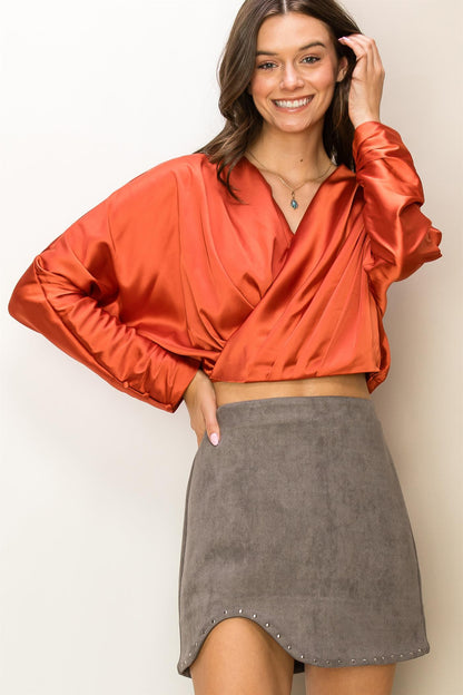 satin double v dolman crop top