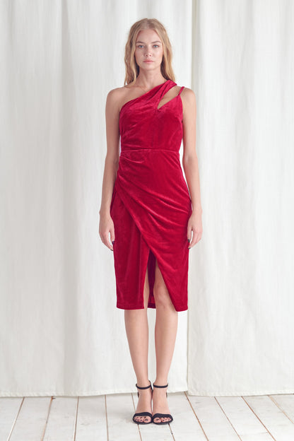 one shoulder velvet sleeveless midi dress