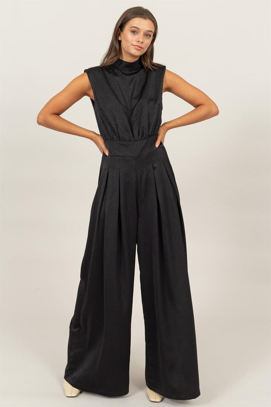 satin sleeveless wide leg jumpsuit