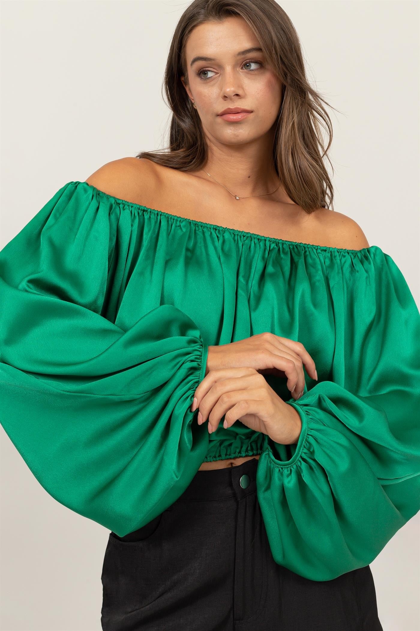 satin off the shoulder balloon sleeve top