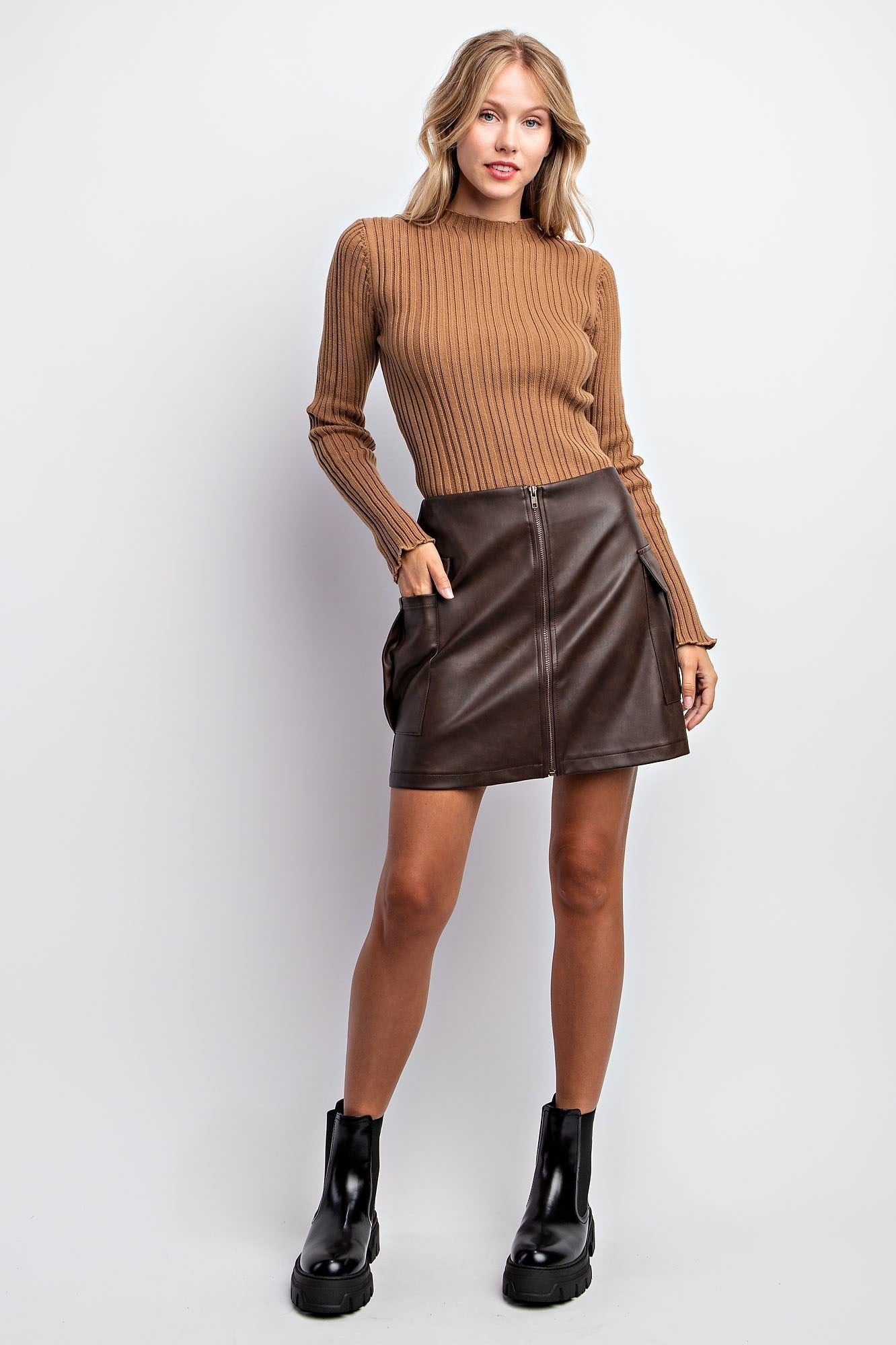 washed faux leather cargo mini skirt