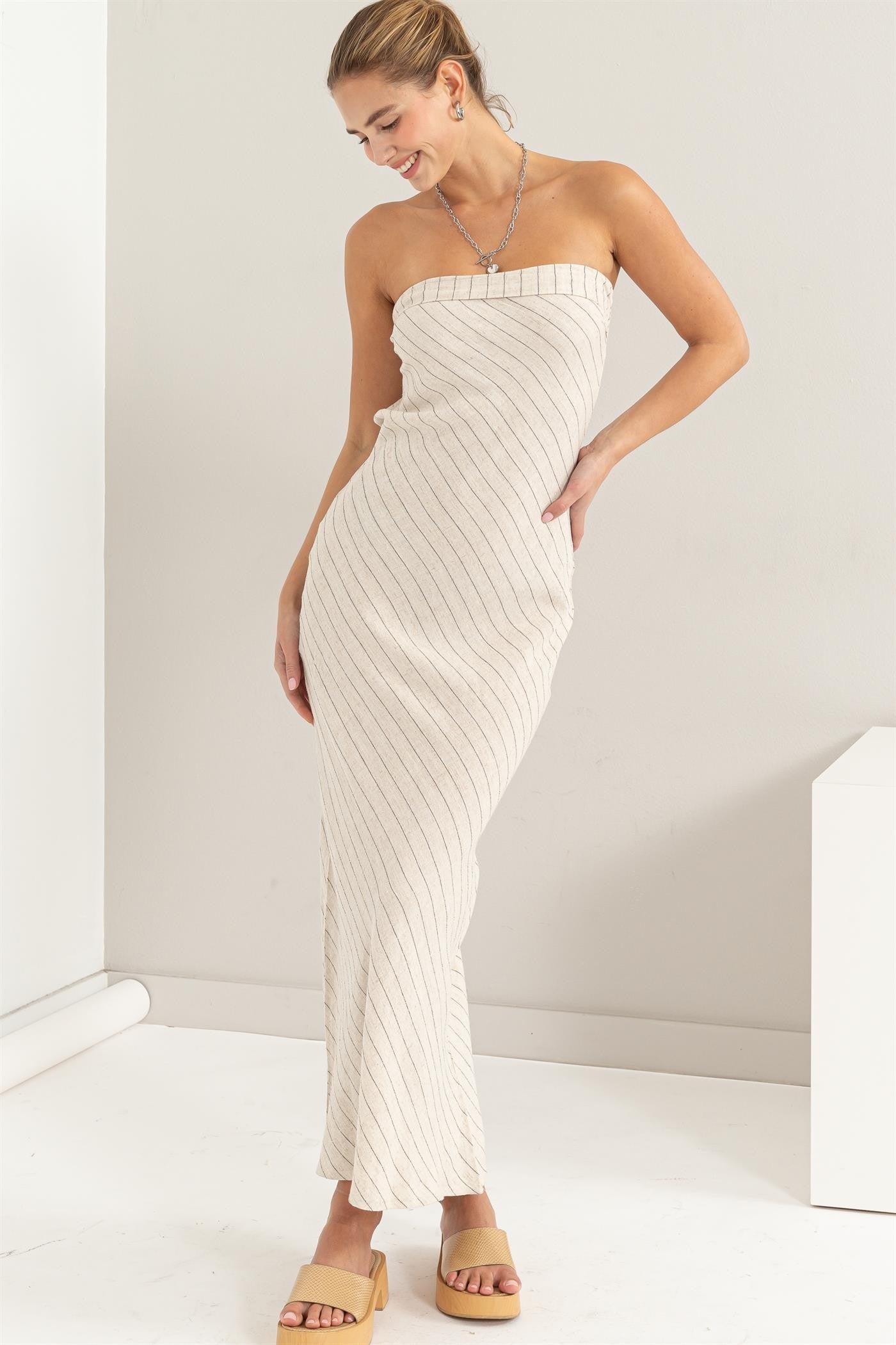 open back stripe linen strapless midi dress