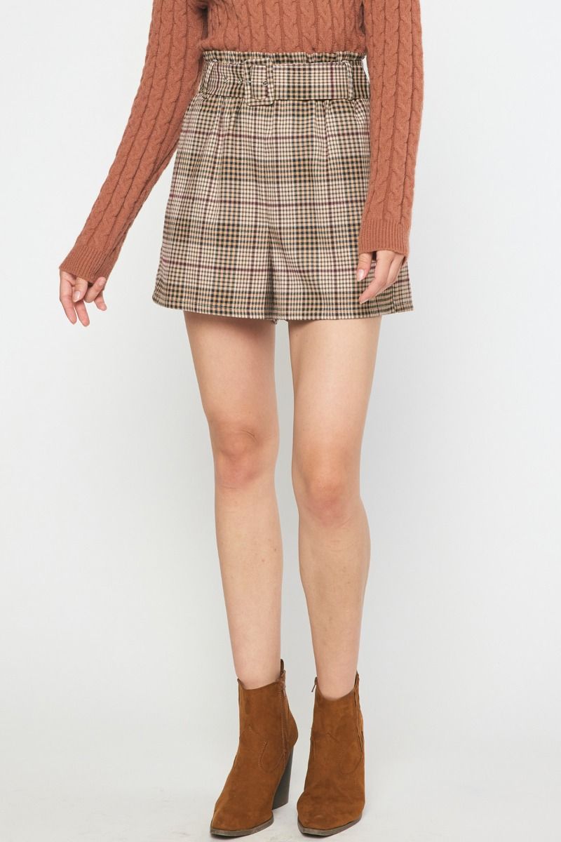 plaid high waist paper bag shorts