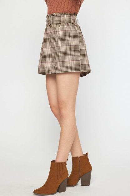 plaid high waist paper bag shorts