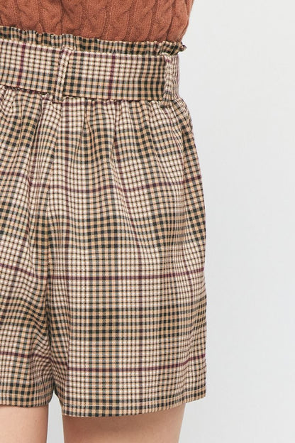 plaid high waist paper bag shorts