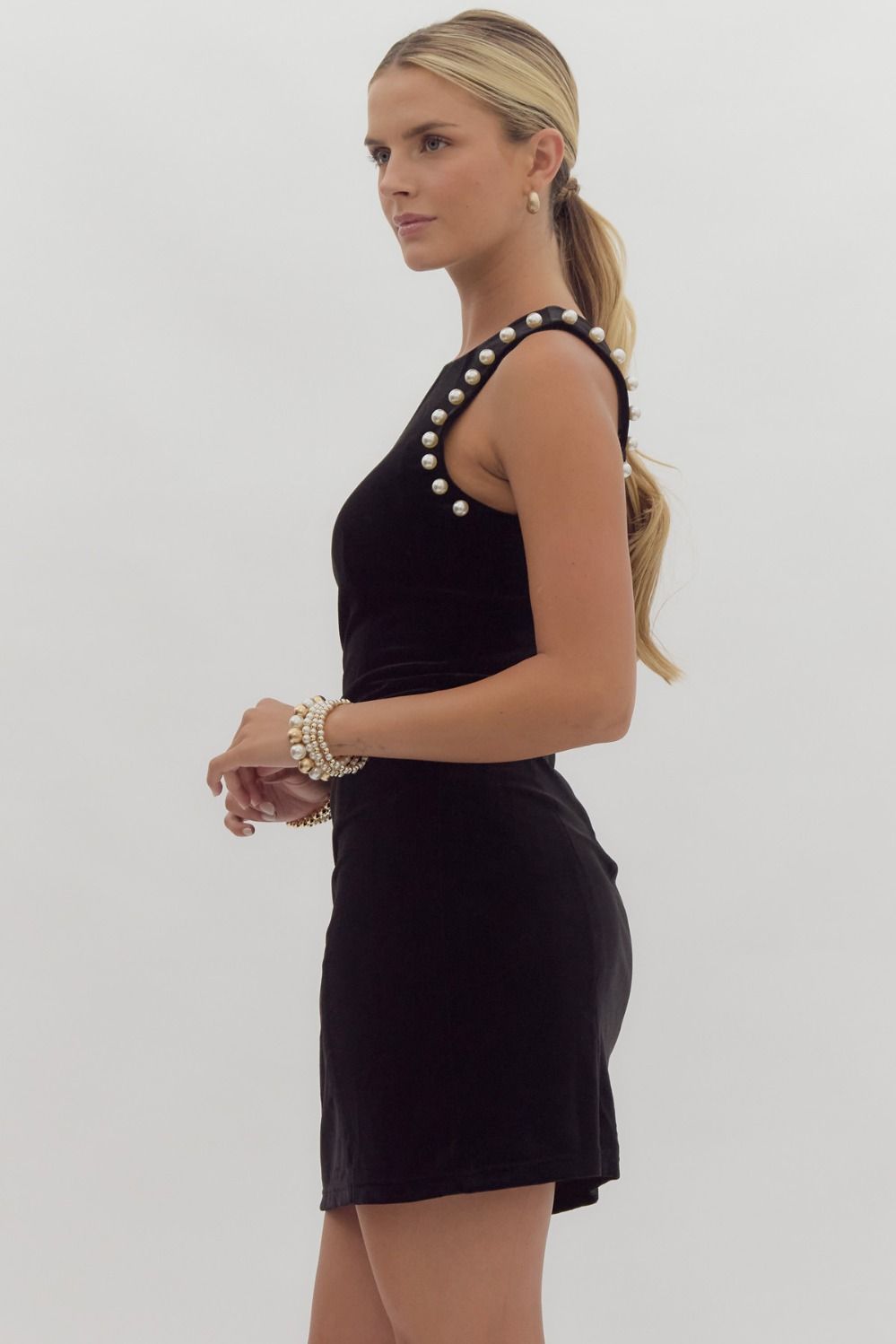 pearl trim velvet sleeveless dress