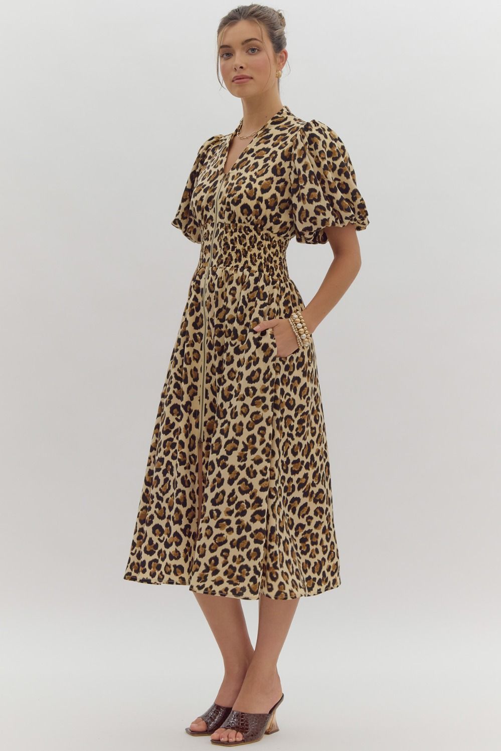 leopard print puff sleeve zip up midi dress