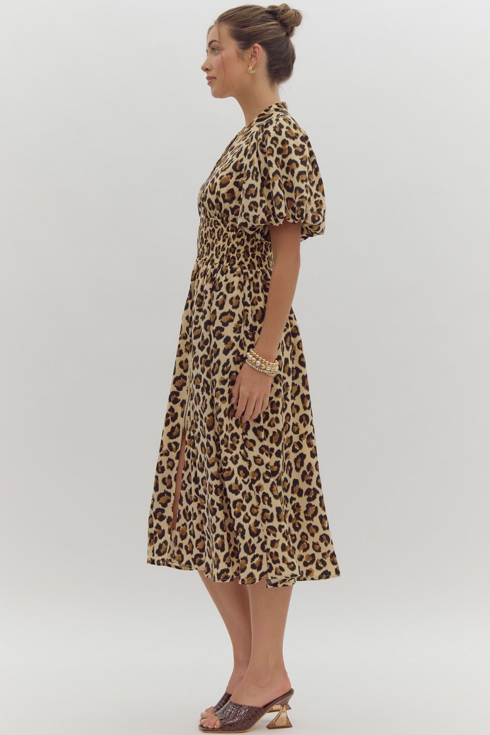 leopard print puff sleeve zip up midi dress