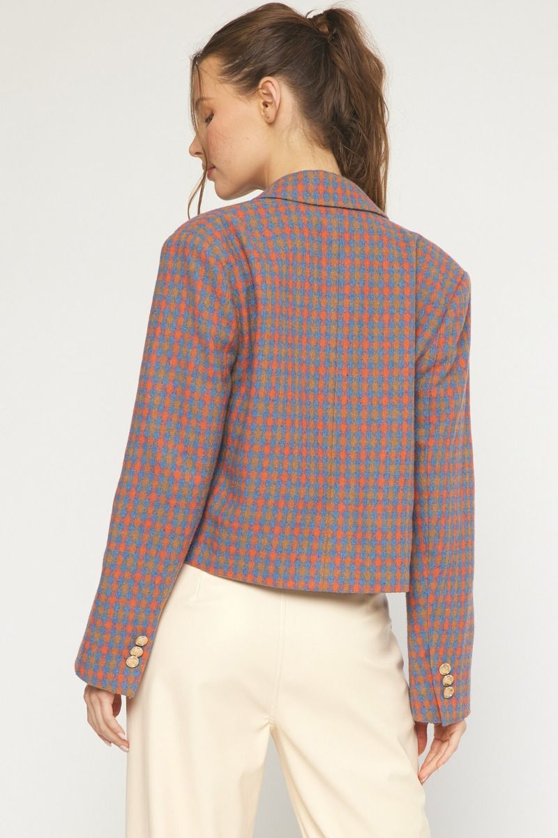 plaid cropped double breasted blazer