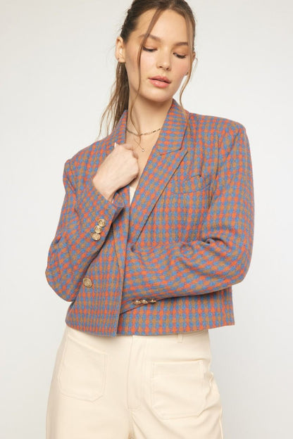 plaid cropped double breasted blazer