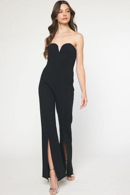 slit leg sweetheart strapless jumpsuit