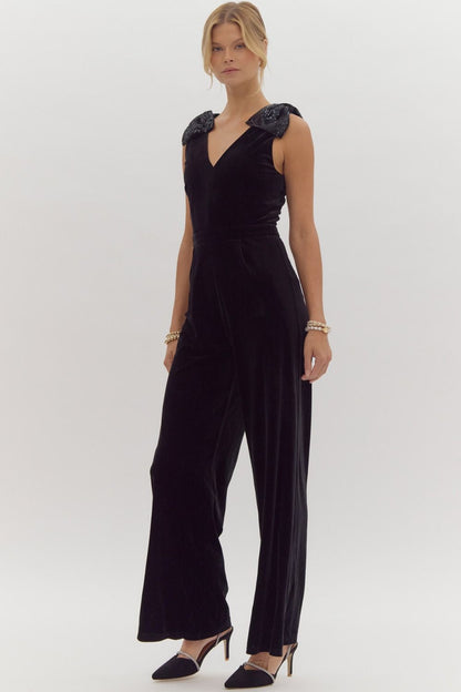 sequin bow shoulders v-neck velvet jumpsuit