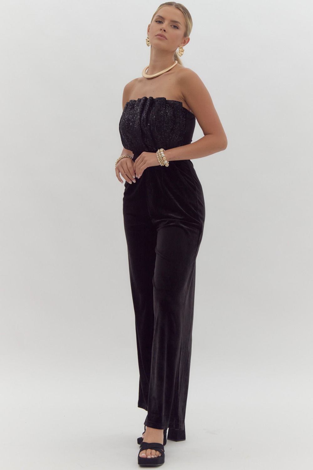 Velvet sequin embellished strapless jumpsuit