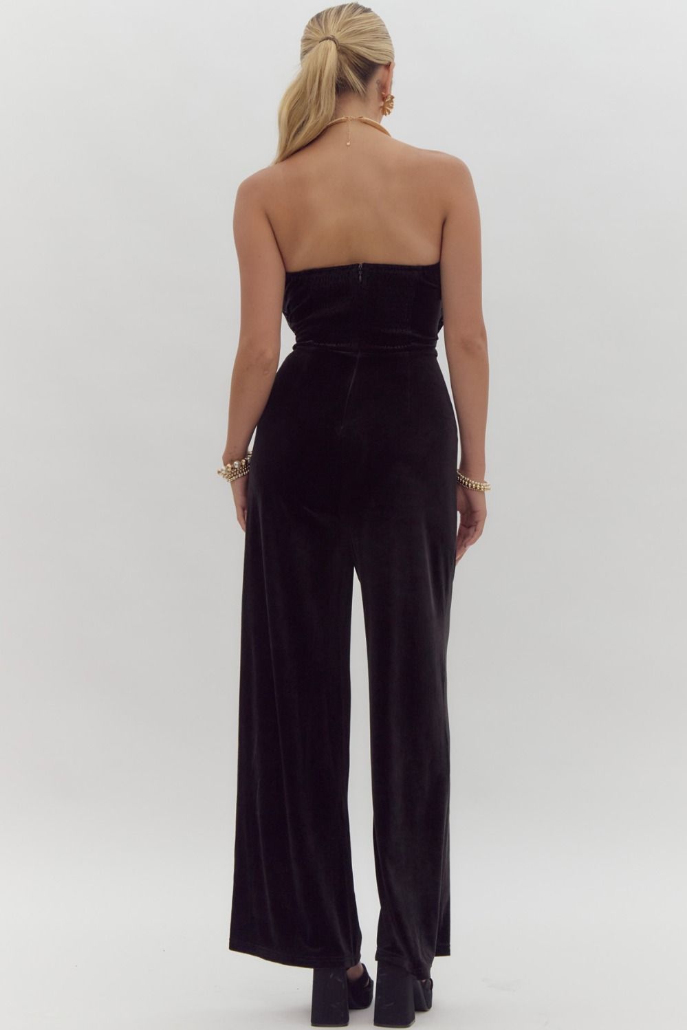 Velvet sequin embellished strapless jumpsuit