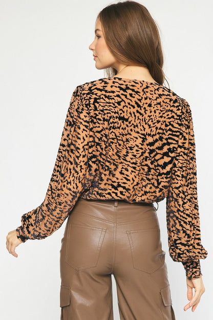 burnout velvet tiger print surplice bodysuit