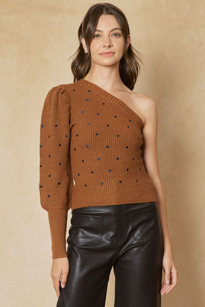 polka dot one shoulder long sleeve sweater top