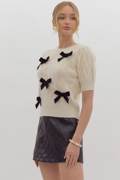 coquette bows cable knit short sleeve sweater