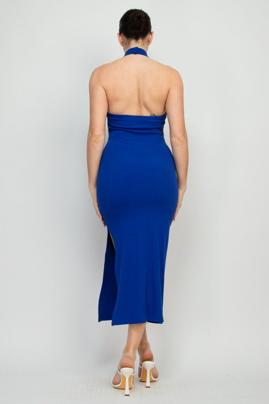 Ribbed Open-Back Halter Slit Midi Dress