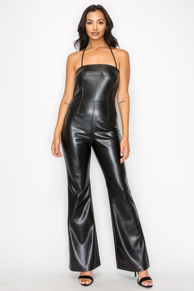 Faux Leather Wide Leg Tube Jumpsuit