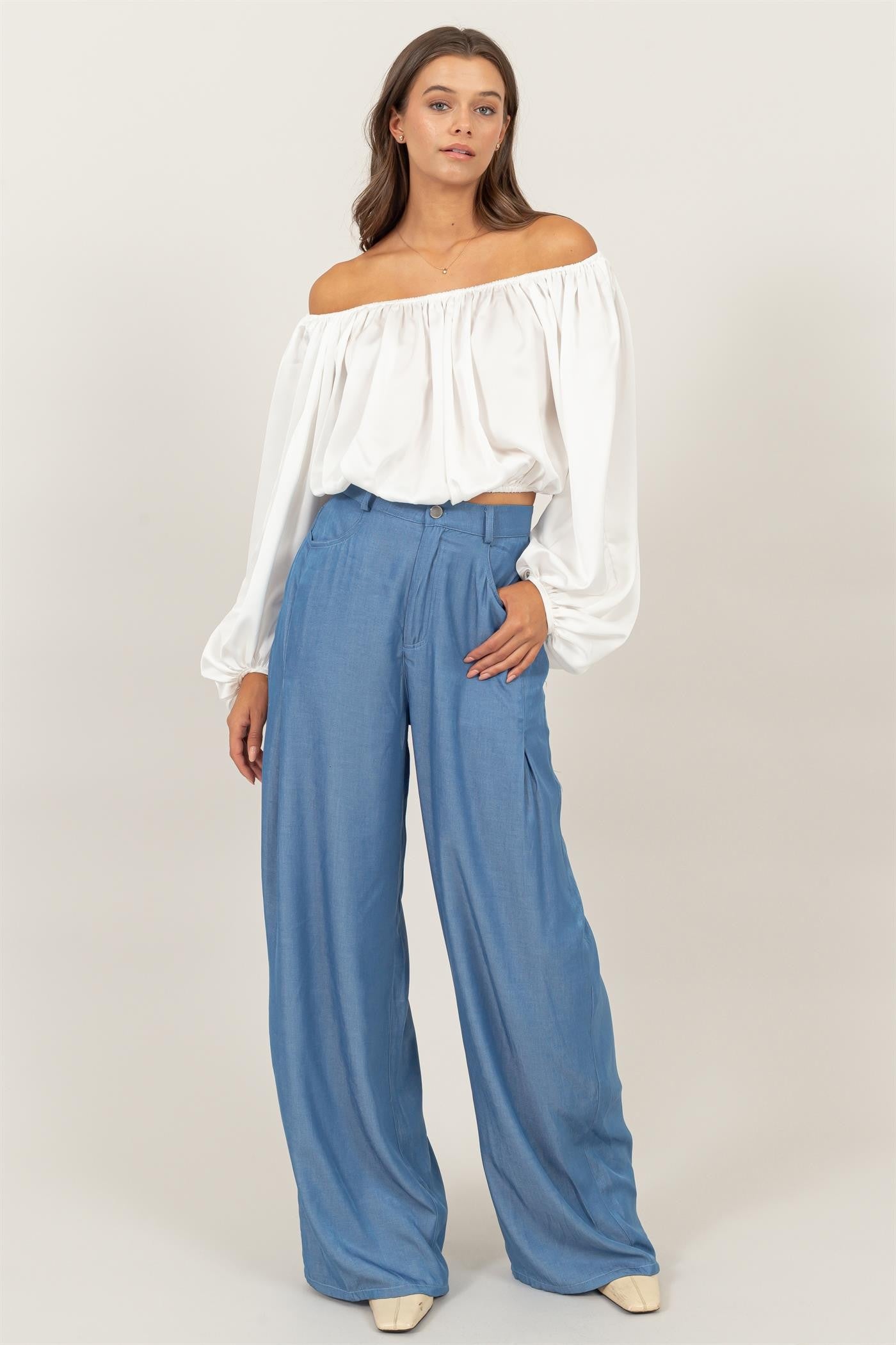 satin off the shoulder balloon sleeve top