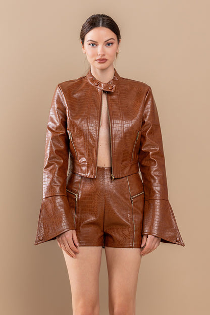 2pc set- faux leather embossed jacket & high waist shorts