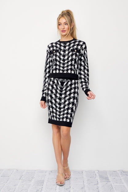 Houndstooth Knit Long Sleeve Top