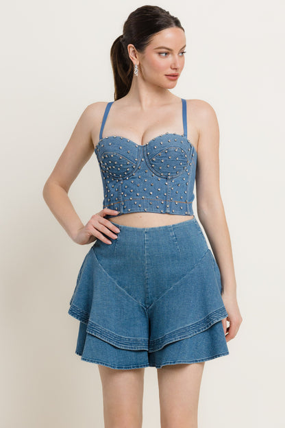 rhinestone studded denim bustier top