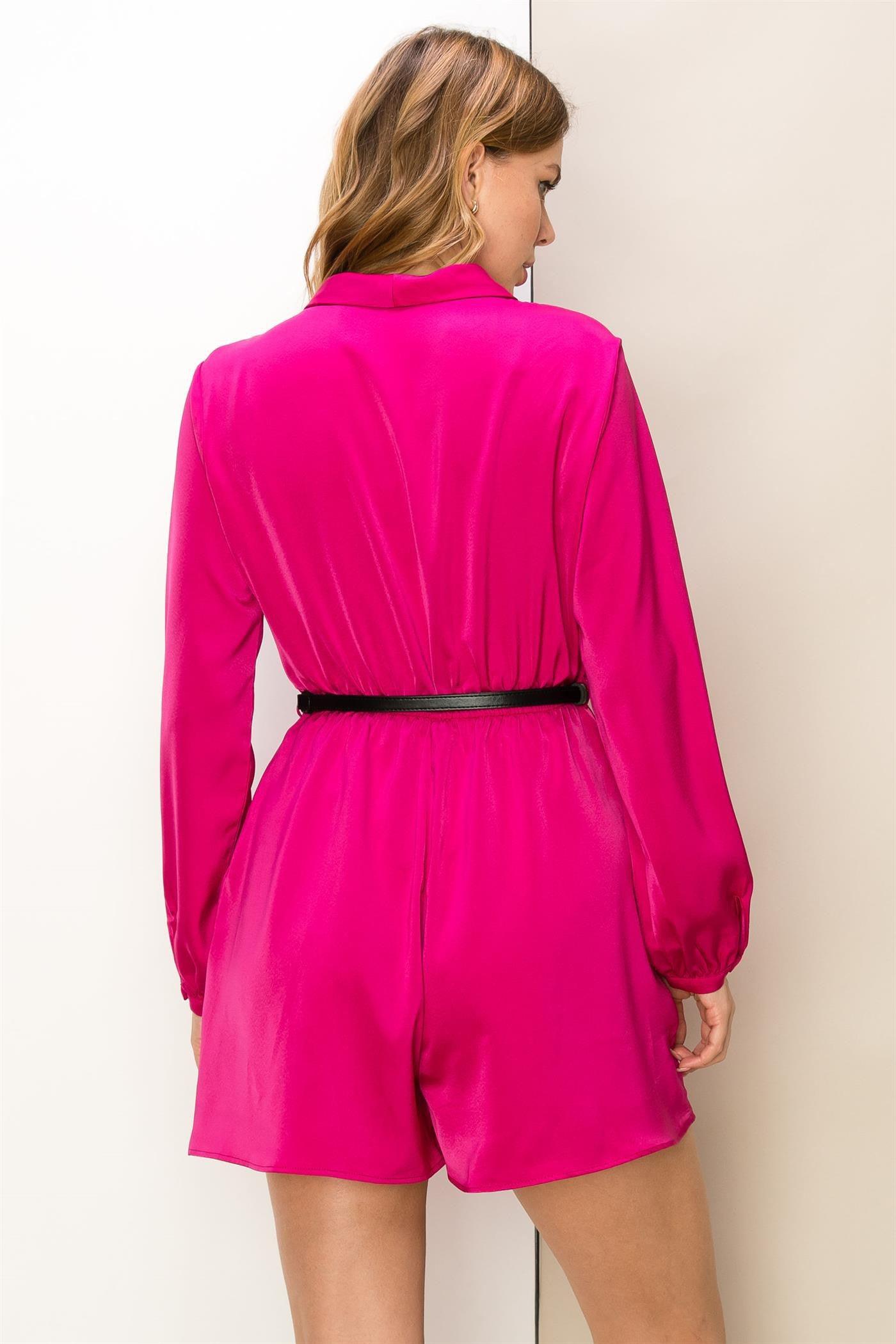 long sleeve satin belted romper - RK Collections Boutique