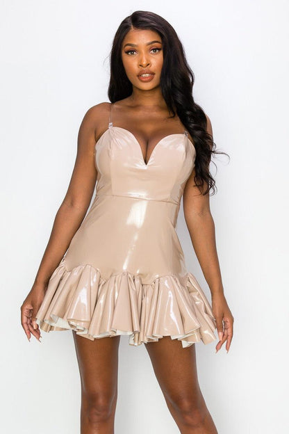 sweetheart patent leather ruffle mini dress - RK Collections Boutique