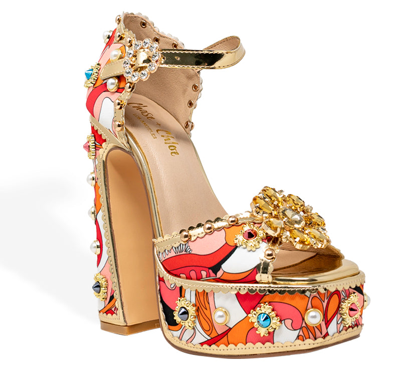 gilded & jeweled platform chunky heel print shoe