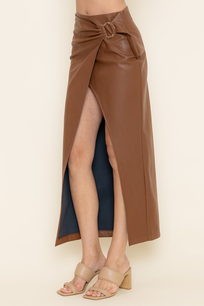 faux leather wrap buckle midi skirt