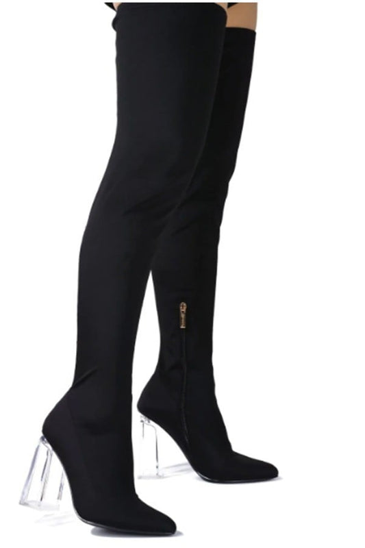 clear block heel over the knee lycra boot