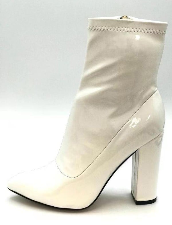 patent pointed toe block heel bootie