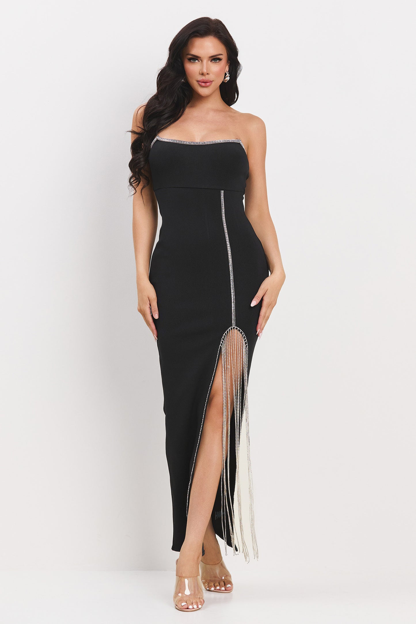 rhinestone fringe strapless bandage maxi dress