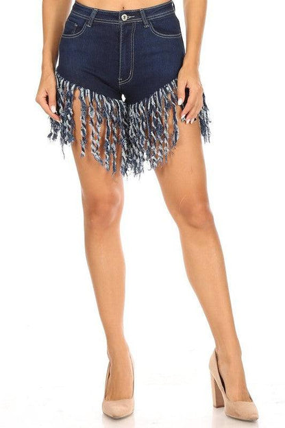 high waist stretchy fringe jean shorts - RK Collections Boutique