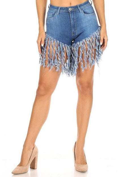 high waist stretchy fringe jean shorts - RK Collections Boutique