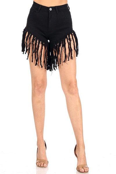 high waist stretchy fringe jean shorts - RK Collections Boutique