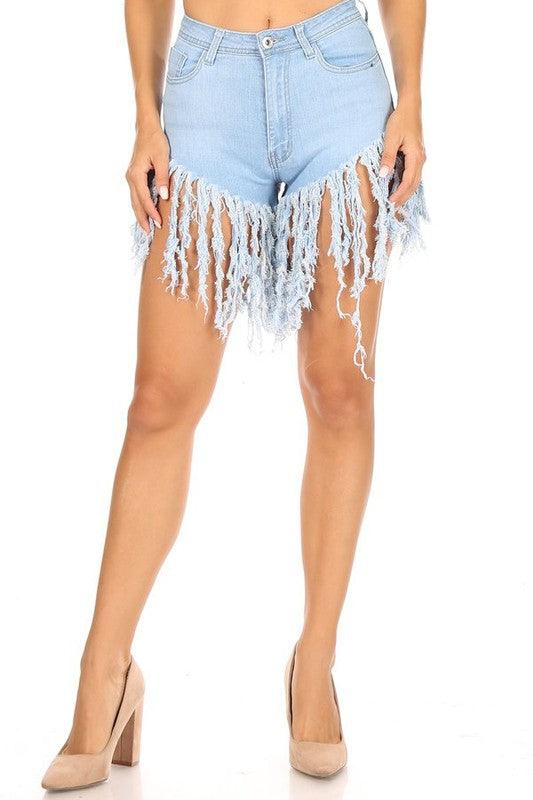 high waist stretchy fringe jean shorts - RK Collections Boutique