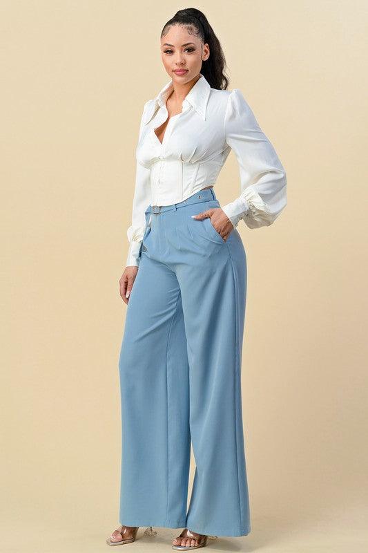 high waist wide leg belted pants - RK Collections Boutique