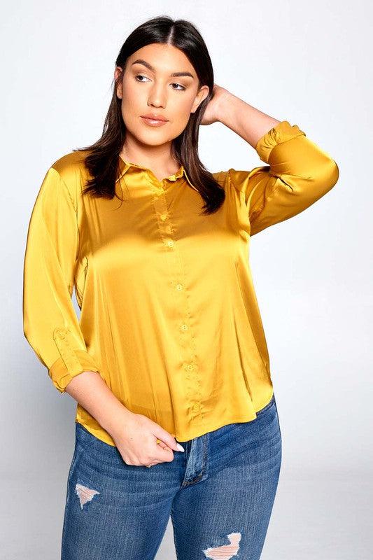 Plus Stretch Satin Button Down Collared Blouse - RK Collections Boutique