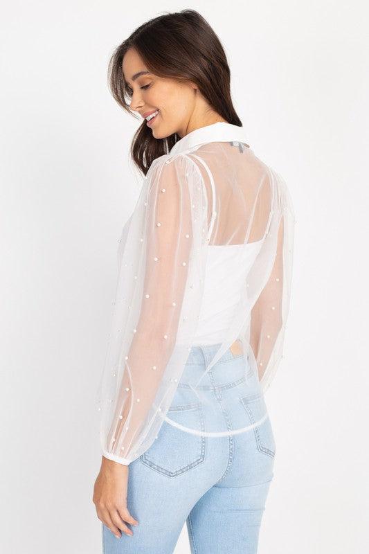 Faux Pearl Balloon Sleeve Shirt - RK Collections Boutique