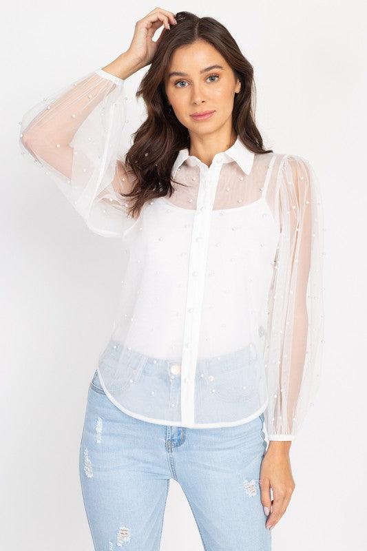 Faux Pearl Balloon Sleeve Shirt - RK Collections Boutique